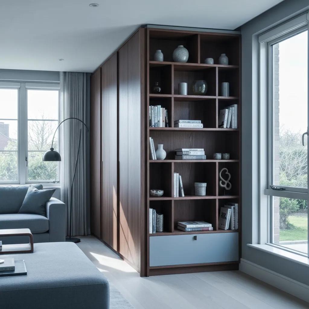 Modern living room featuring bespoke fitted furniture, including a stylish bookshelf with decorative items and books, complemented by a comfortable sofa and a floor lamp.