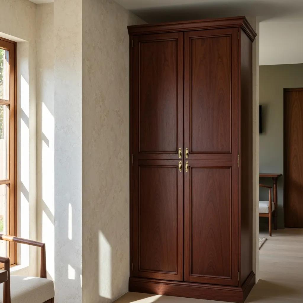 Bespoke wooden wardrobe in stylish living room, showcasing high-quality craftsmanship and tailored design for fitted furniture solutions.