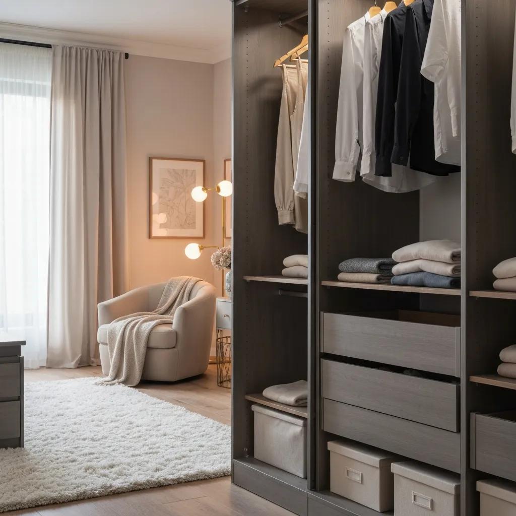 Fitted wardrobe in a bedroom showing organised storage and quality joinery