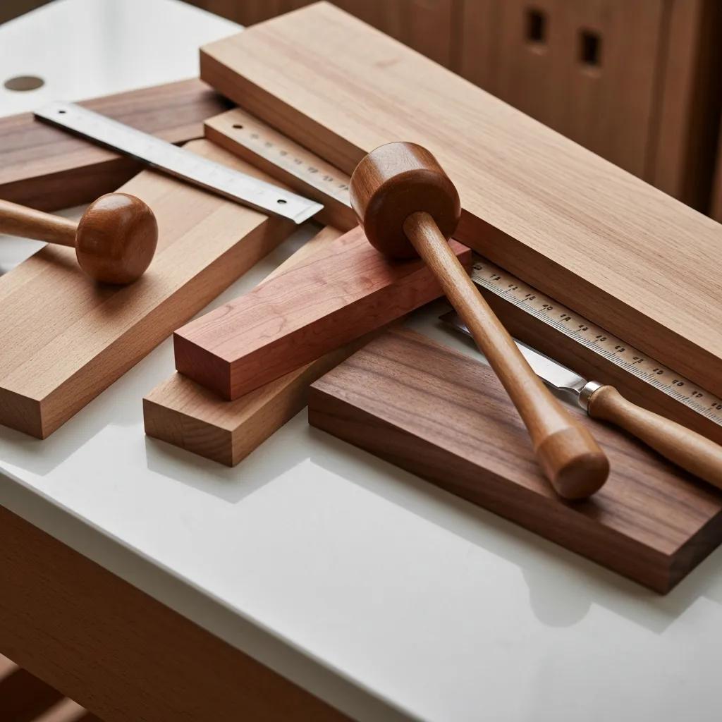 Sustainably sourced hardwoods on a workbench, highlighting quality materials for bespoke furniture